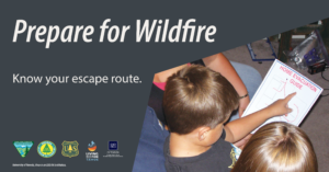 Photo of a family reviewing their home evacuation guide with text that says, “Prepare for Wildfire, Know your escape route.”