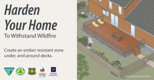 Illustration of the area under the deck of a home with text that says, “Harden your home to withstand wildfire. Create an ember resistant zone under, and around decks.”