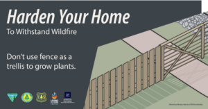 Illustration of a fence with text that says, “Harden your home to withstand wildfire. Don’t use fence as a trellis to grow plants.”