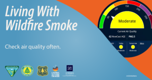 Graphic of an air quality meter with text that says, “Living with Wildfire Smoke, Check air quality often.”