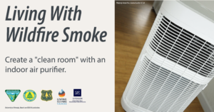 Photo of an indoor air purifier with text that says, “Living With Wildfire Smoke, Create a clean room with an indoor air purifier.”