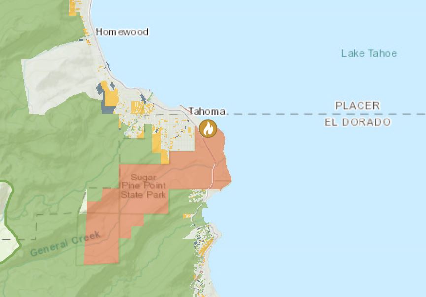 Map of Lake Tahoe, zppmed in on Tahoma with a flame icon and a red shape indicating where a prescribed burn is planned. 